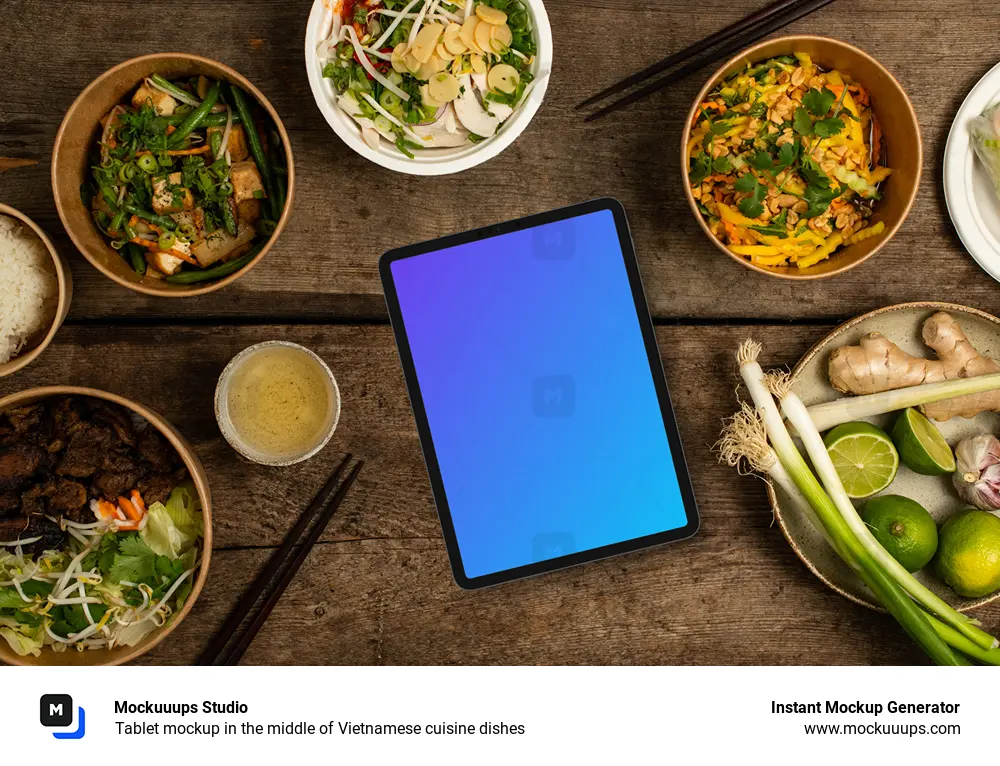 Tablet mockup in the middle of Vietnamese cuisine dishes