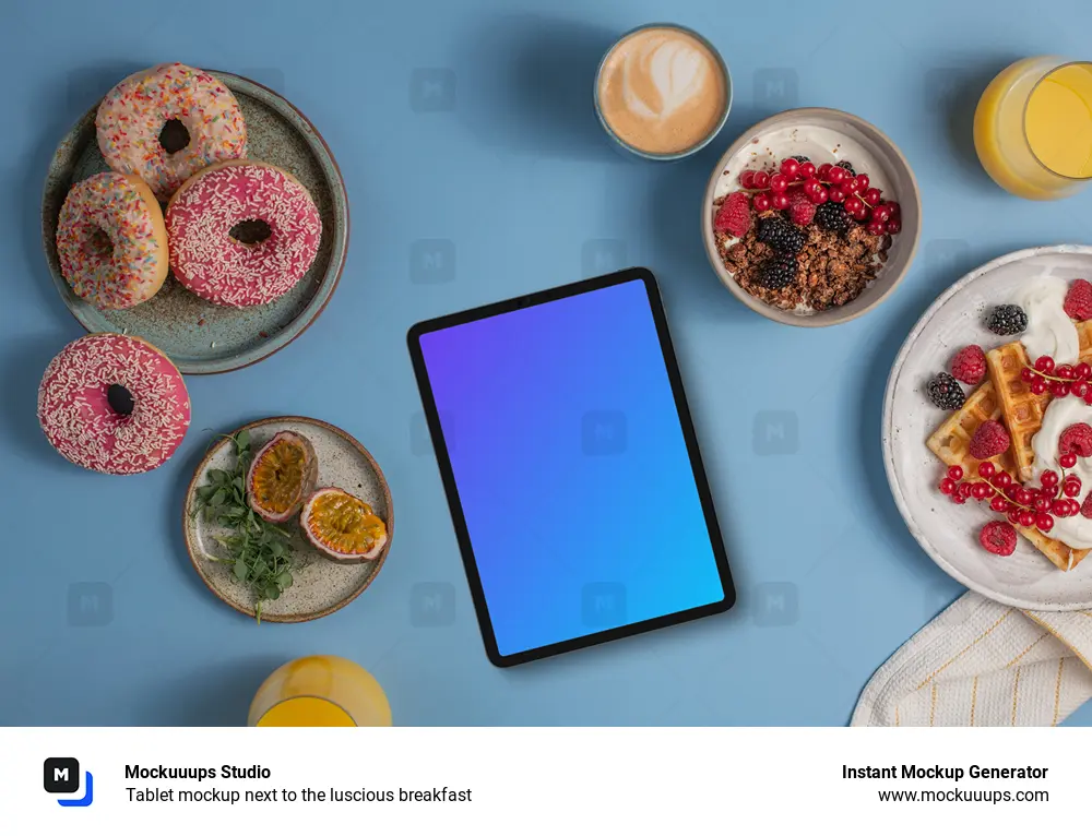 Tablet mockup next to the luscious breakfast