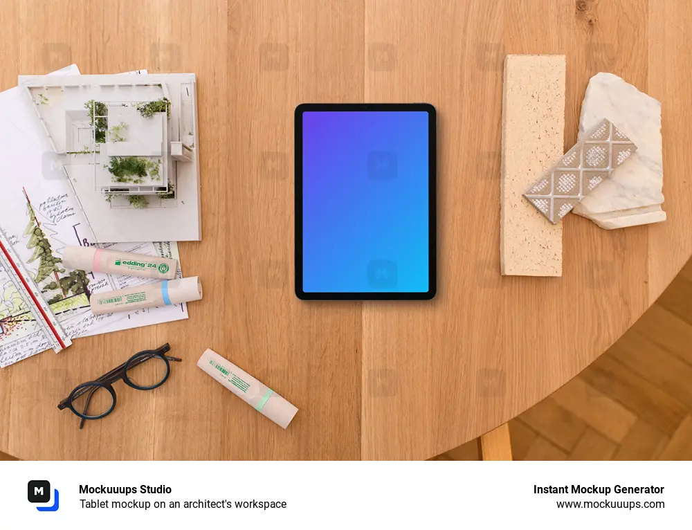 Tablet mockup on an architect's workspace