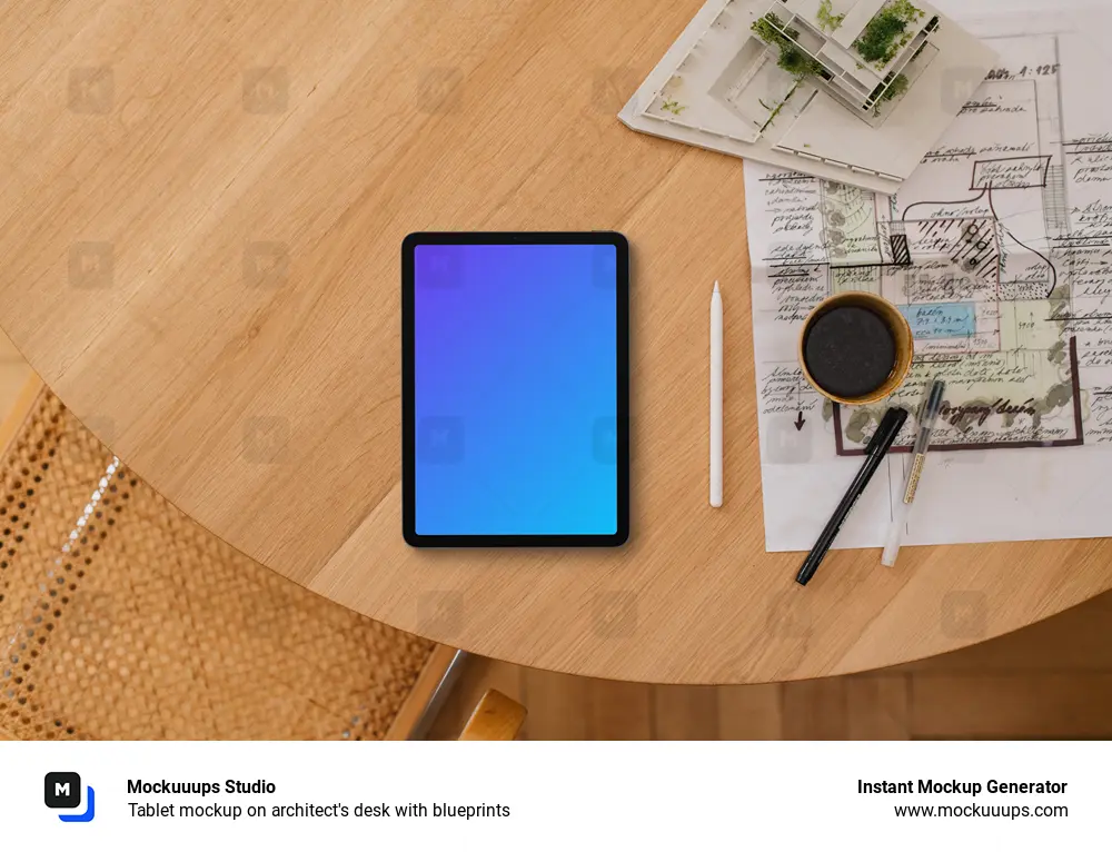 Tablet mockup on architect's desk with blueprints