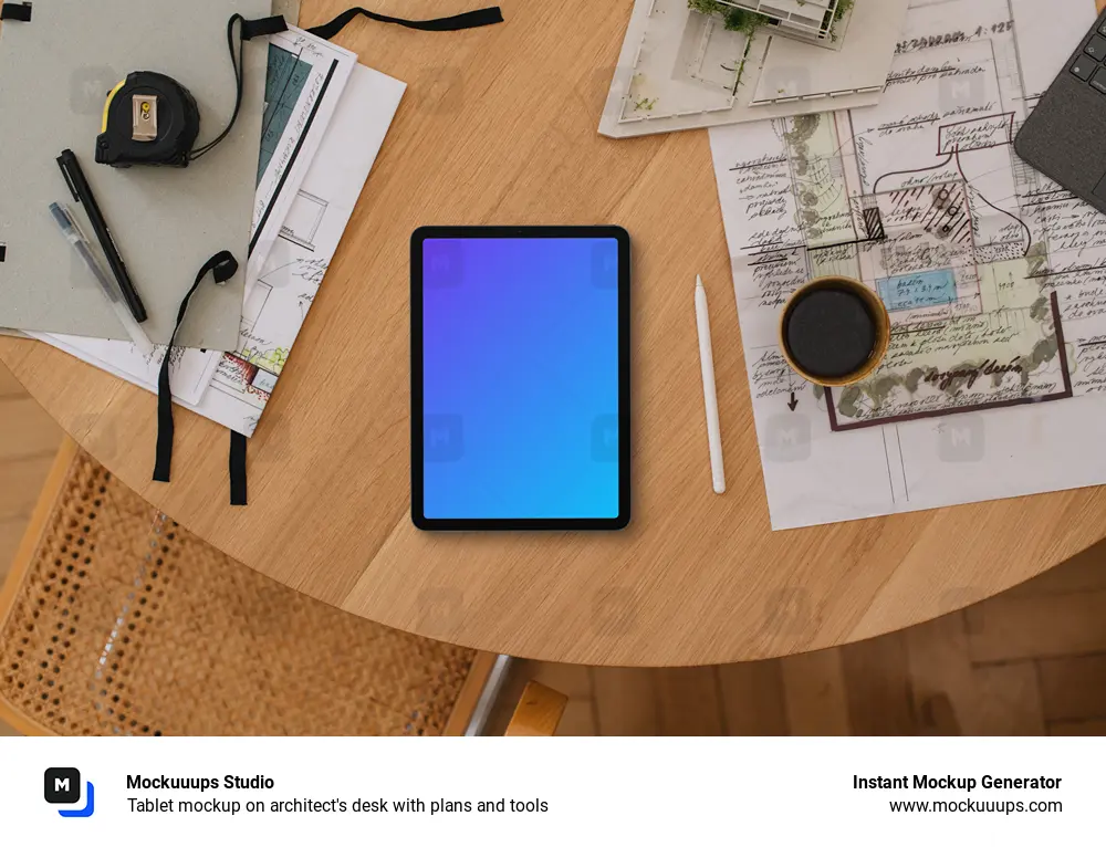 Tablet mockup on architect's desk with plans and tools