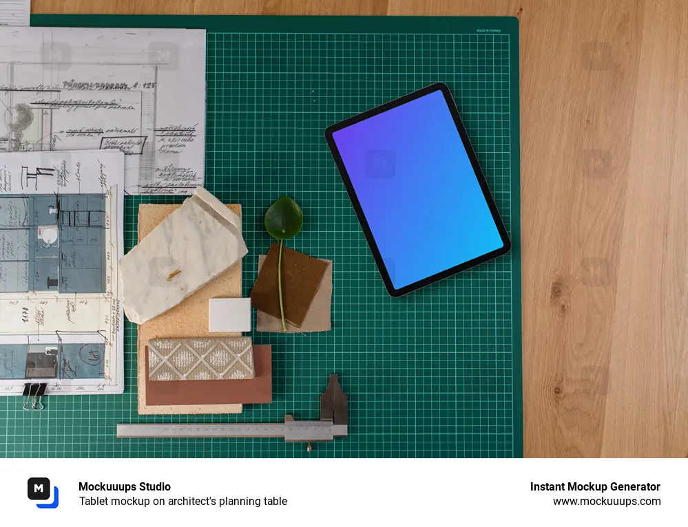 Tablet mockup on architect's planning table