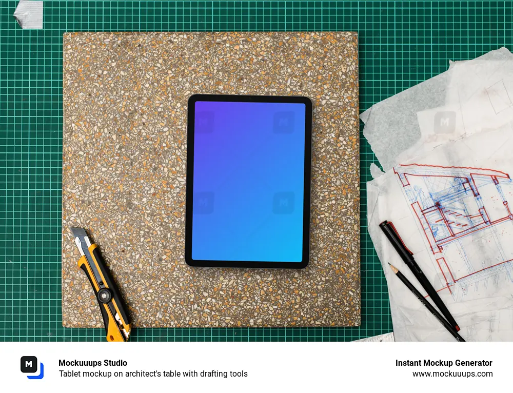 Tablet mockup on architect's table with drafting tools