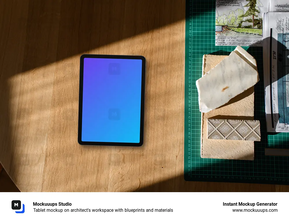 Tablet mockup on architect's workspace with blueprints and materials