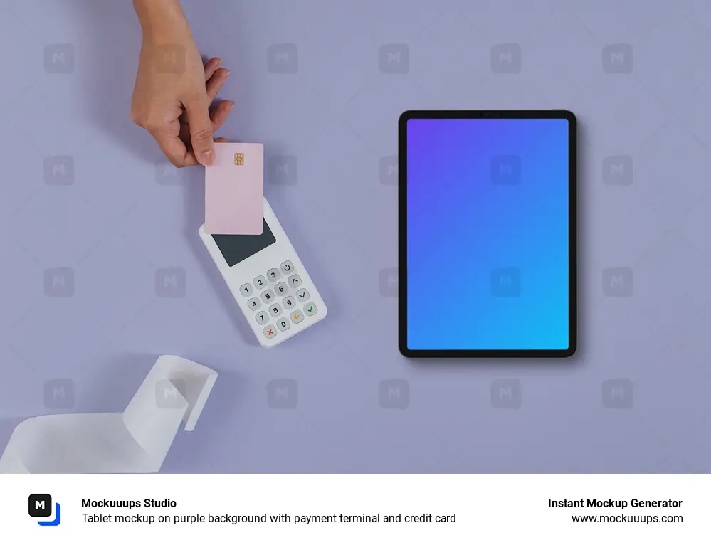 Tablet mockup on purple background with payment terminal and credit card