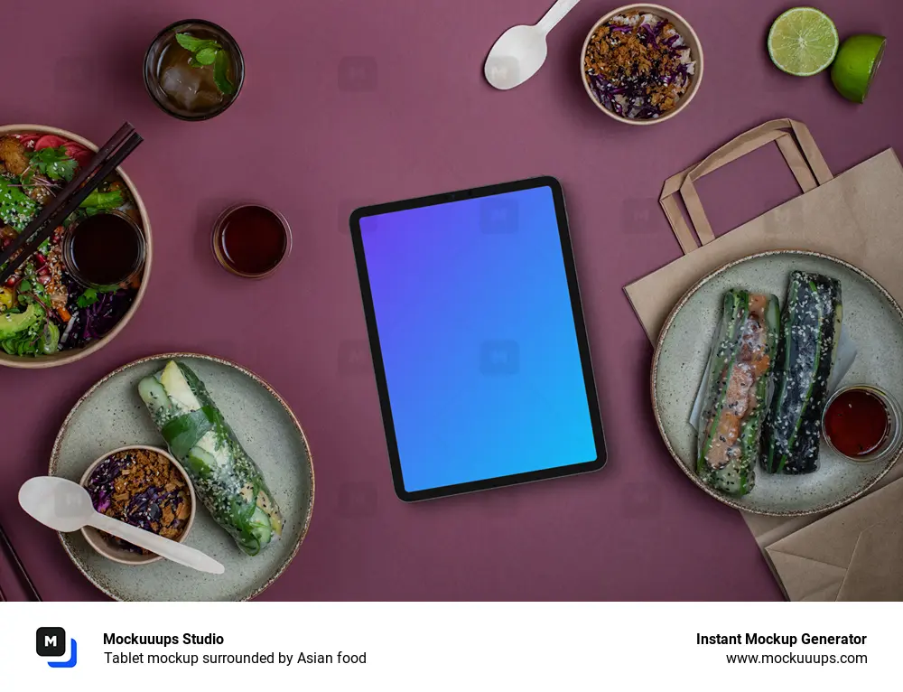 Tablet mockup surrounded by Asian food