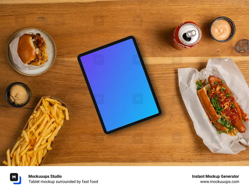 Tablet mockup surrounded by fast food