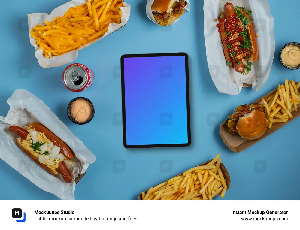Tablet mockup surrounded by hot-dogs and fries