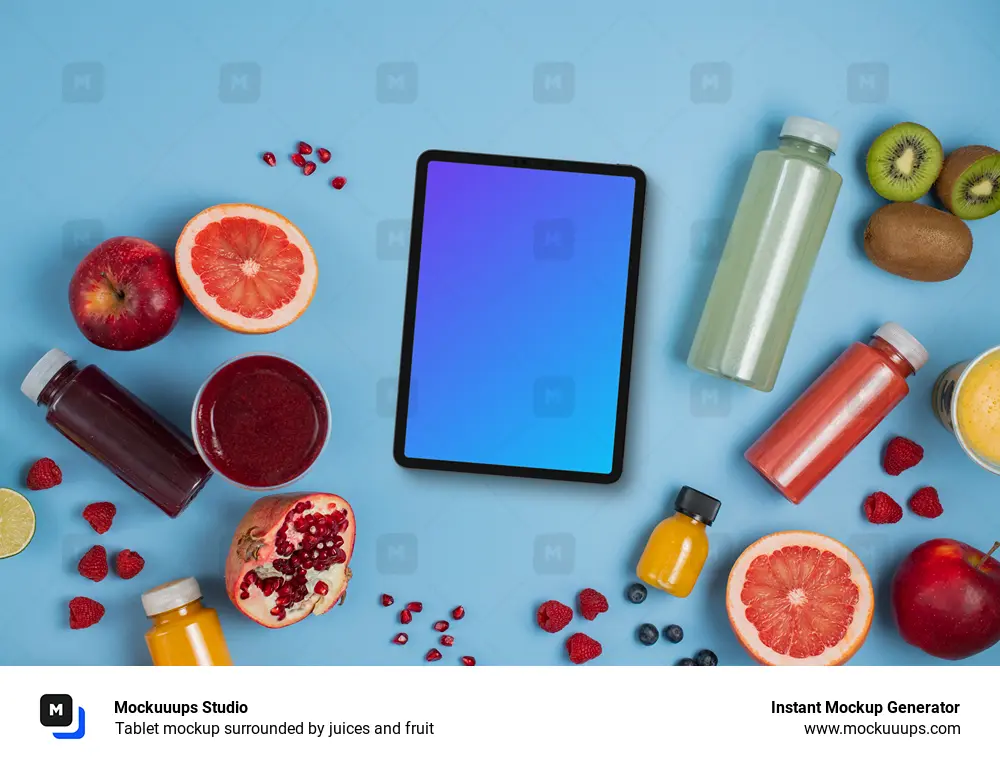 Tablet mockup surrounded by juices and fruit