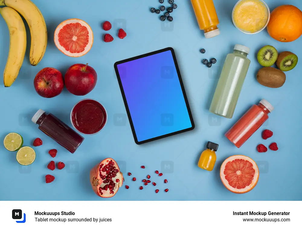 Tablet mockup surrounded by juices