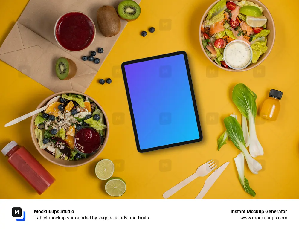 Tablet mockup surrounded by veggie salads and fruits