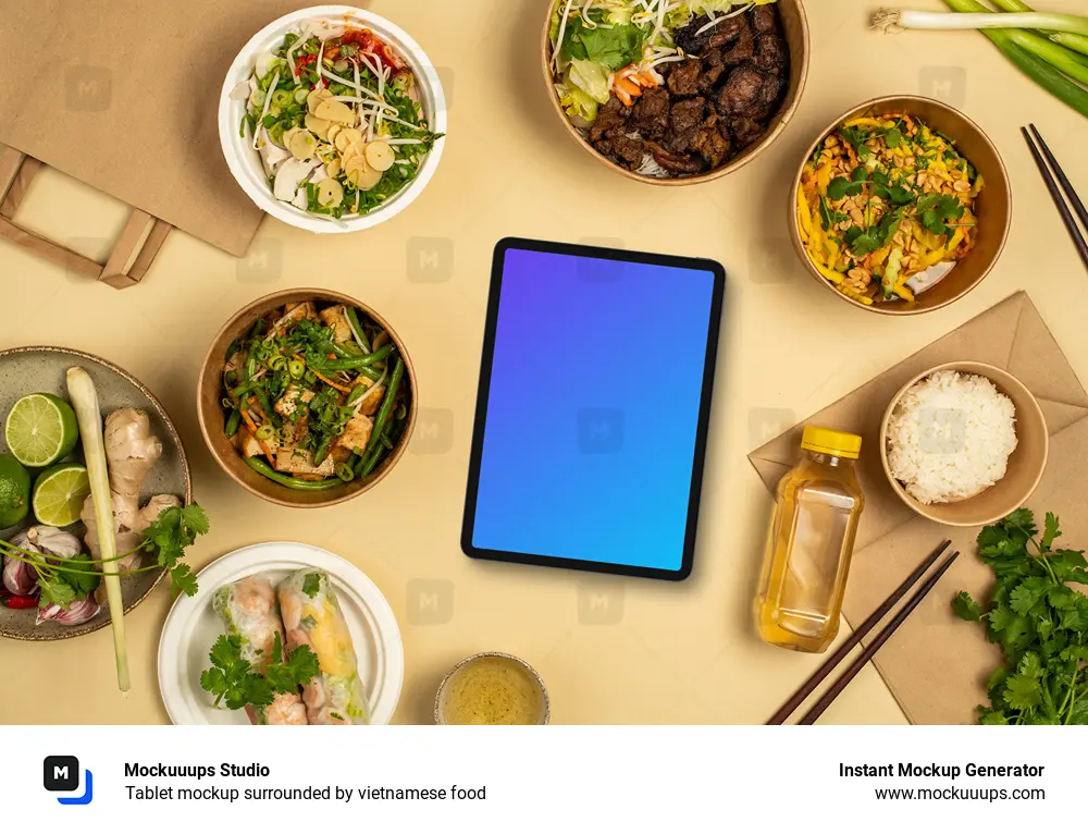 Tablet mockup surrounded by vietnamese food 