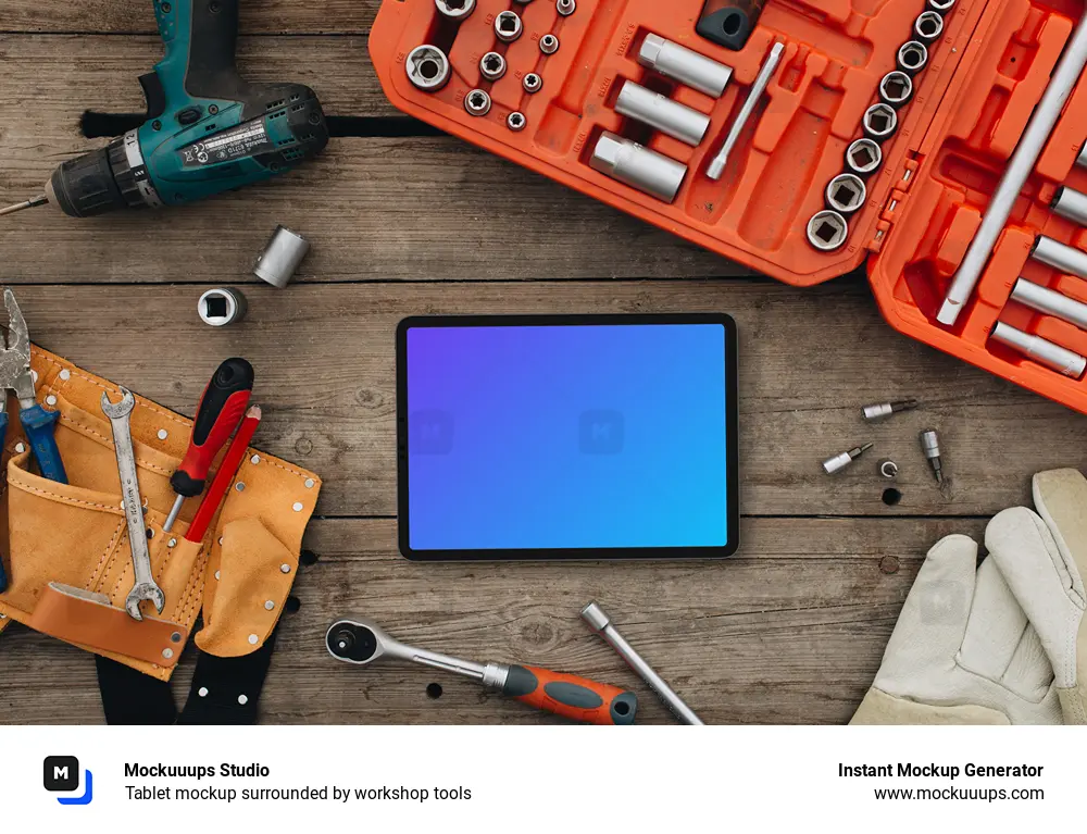 Tablet mockup surrounded by workshop tools