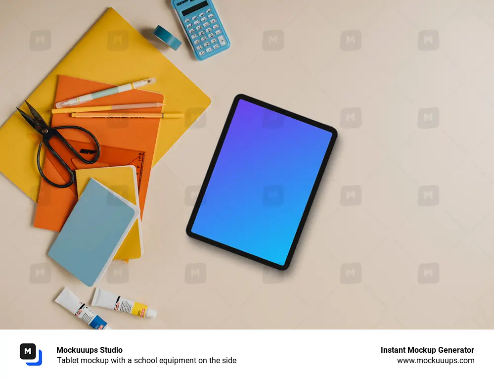 Tablet mockup with a school equipment on the side