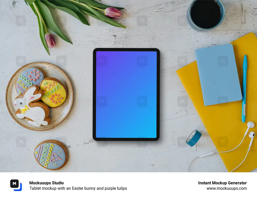 Tablet mockup with an Easter bunny and purple tulips