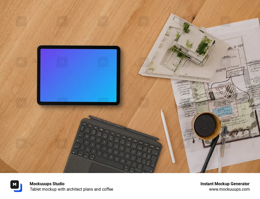 Tablet mockup with architect plans and coffee