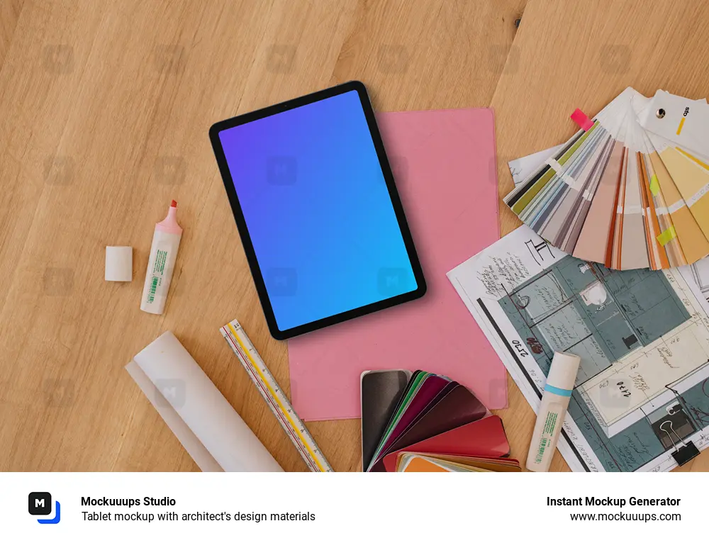 Tablet mockup with architect's design materials