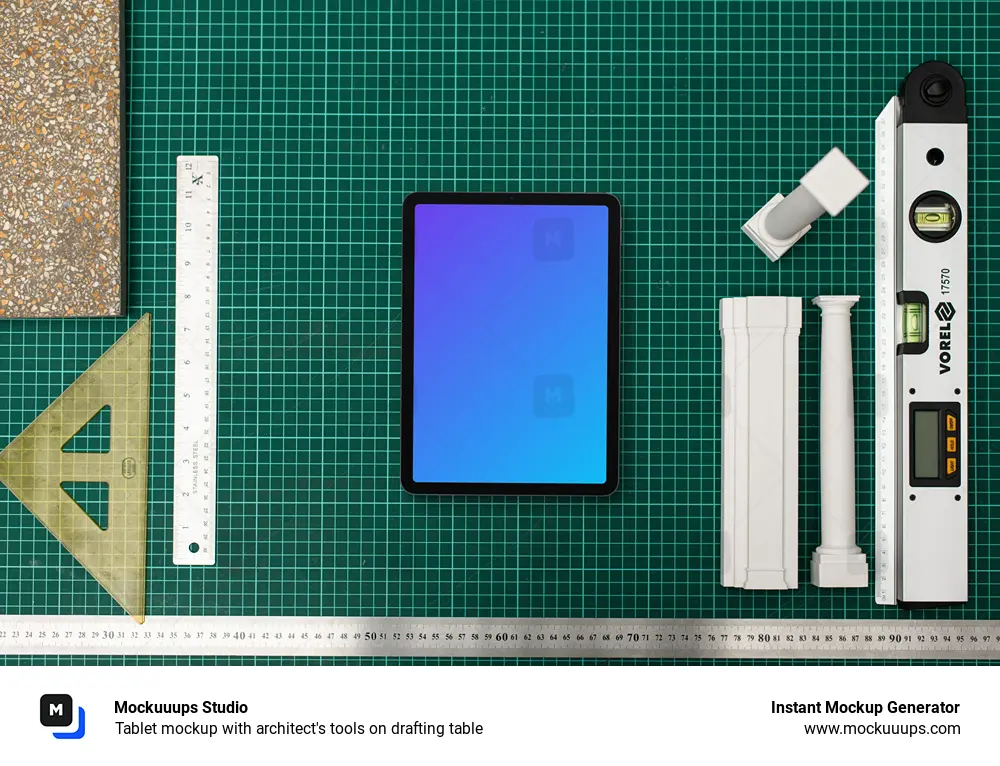 Tablet mockup with architect's tools on drafting table