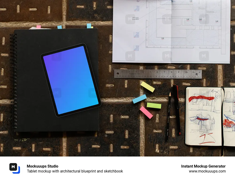 Tablet mockup with architectural blueprint and sketchbook