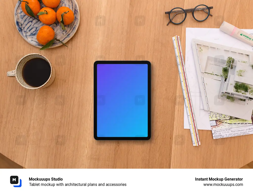 Tablet mockup with architectural plans and accessories