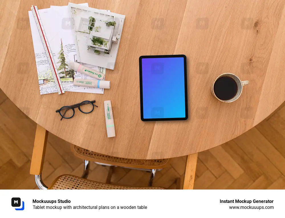 Tablet mockup with architectural plans on a wooden table