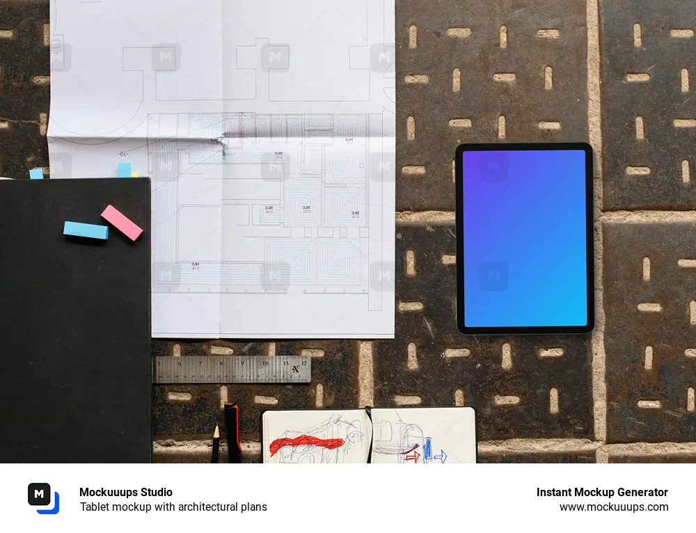 Tablet mockup with architectural plans