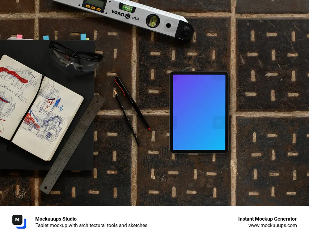 Tablet mockup with architectural tools and sketches