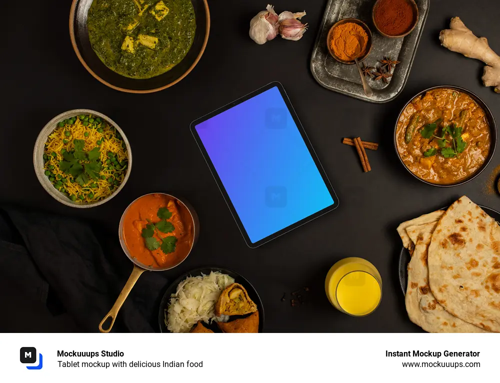Tablet mockup with delicious Indian food