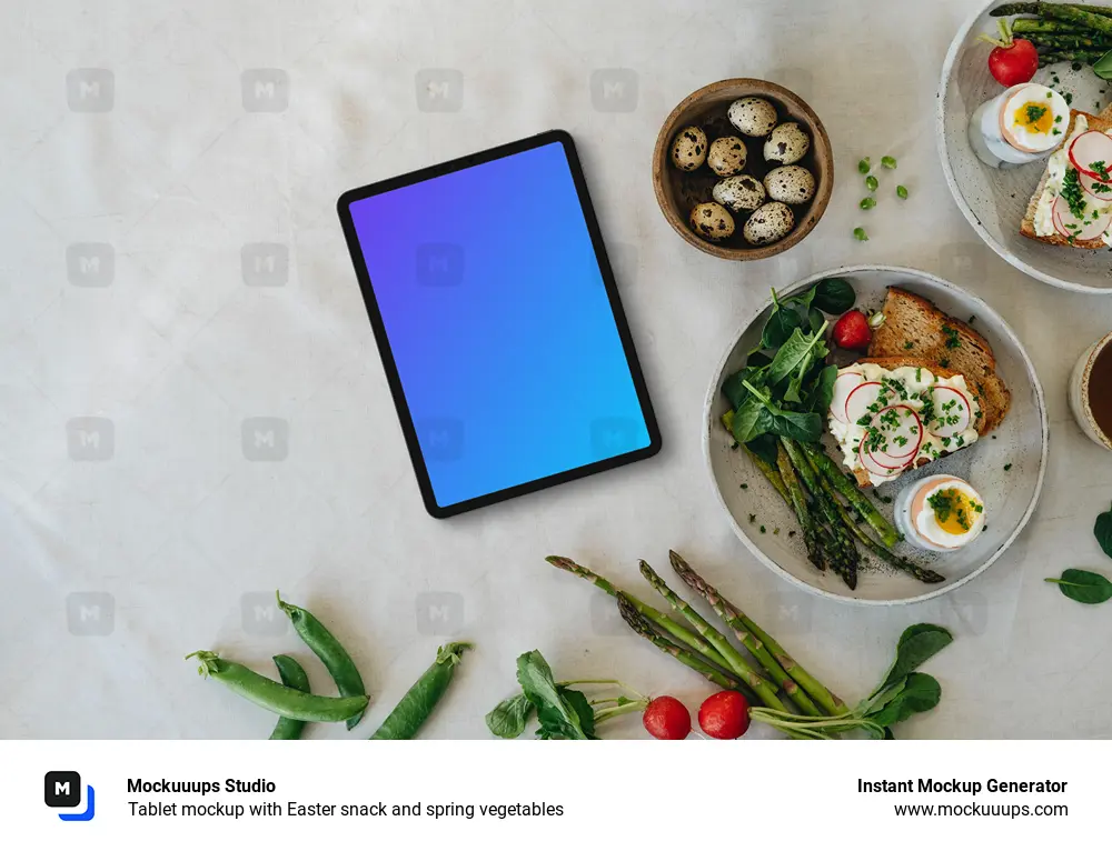 Tablet mockup with Easter snack and spring vegetables