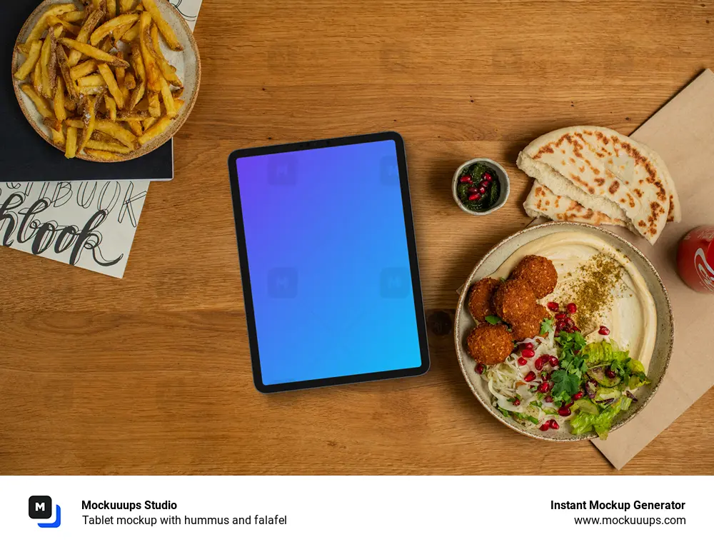 Tablet mockup with hummus and falafel