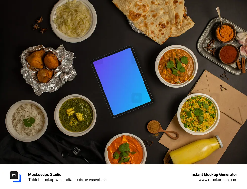 Tablet mockup with Indian cuisine essentials