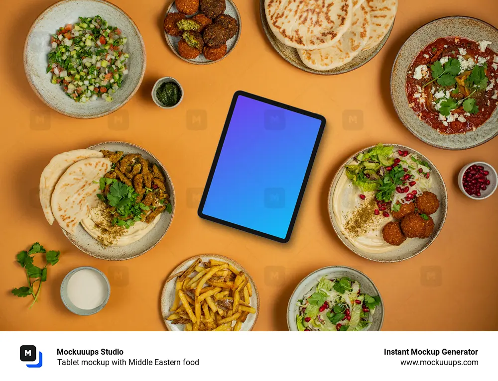 Tablet mockup with Middle Eastern food