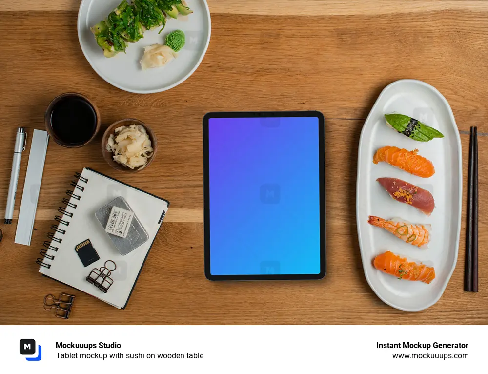 Tablet mockup with sushi on wooden table