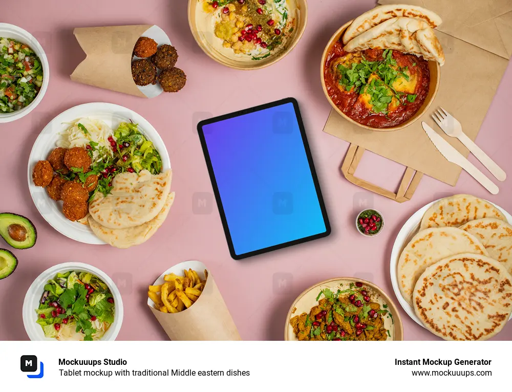 Tablet mockup with traditional Middle eastern dishes