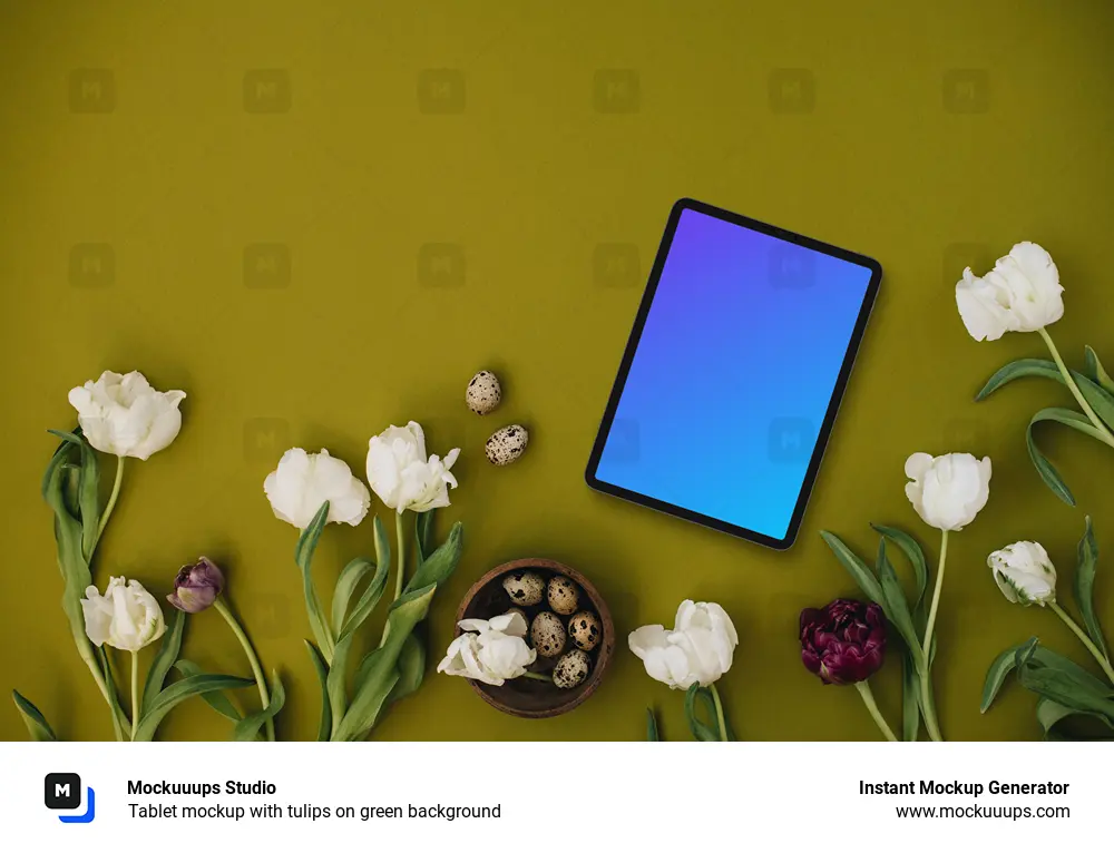 Tablet mockup with tulips on green background