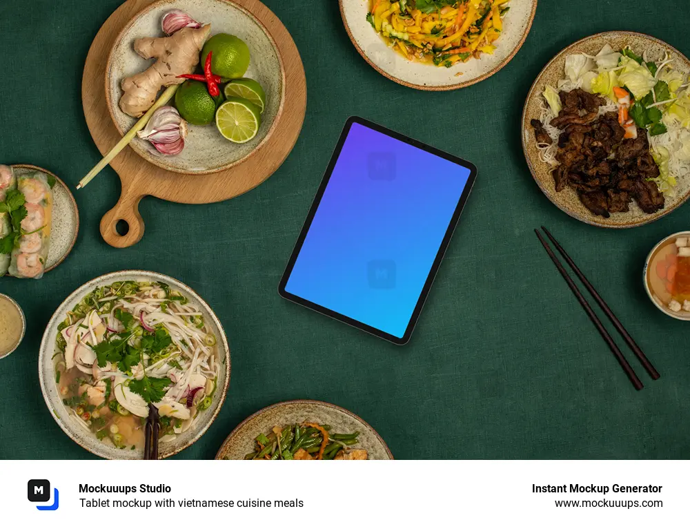 Tablet mockup with vietnamese cuisine meals