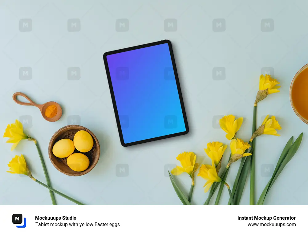 Tablet mockup with yellow Easter eggs