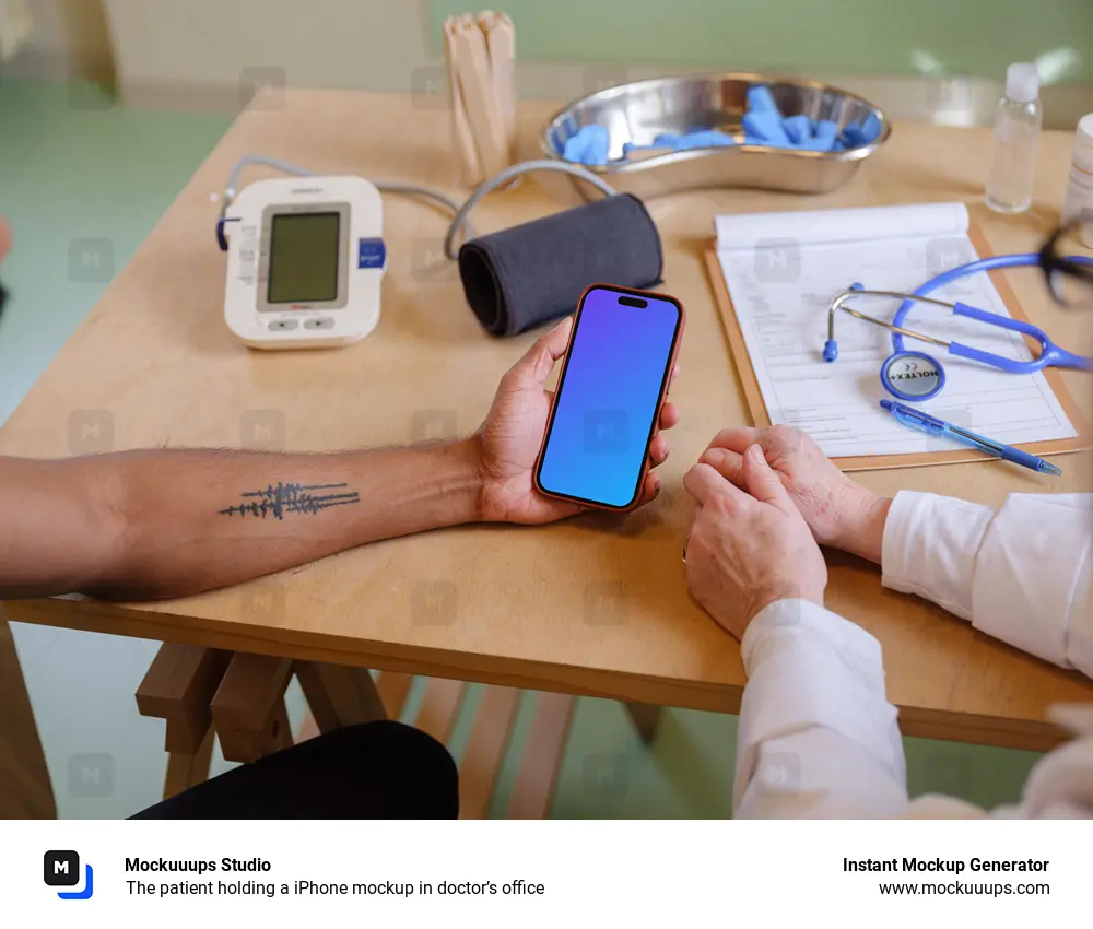 The patient holding a iPhone mockup in doctor’s office