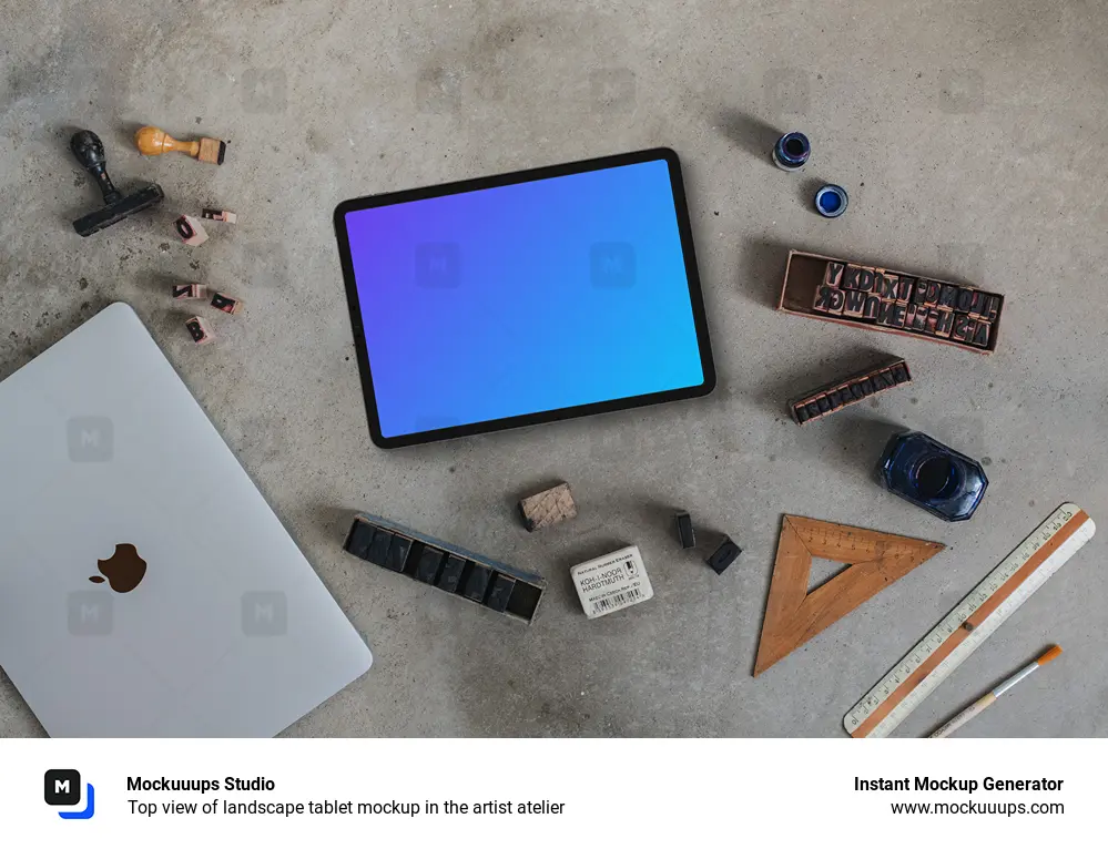 Top view of landscape tablet mockup in the artist atelier