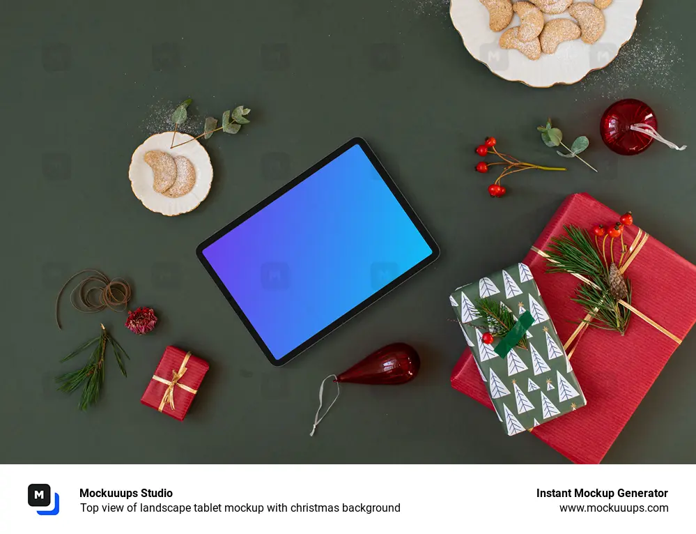 Top view of landscape tablet mockup with christmas background
