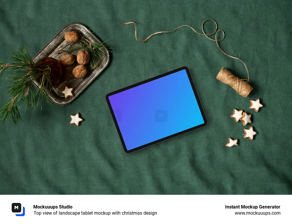 Top view of landscape tablet mockup with christmas design