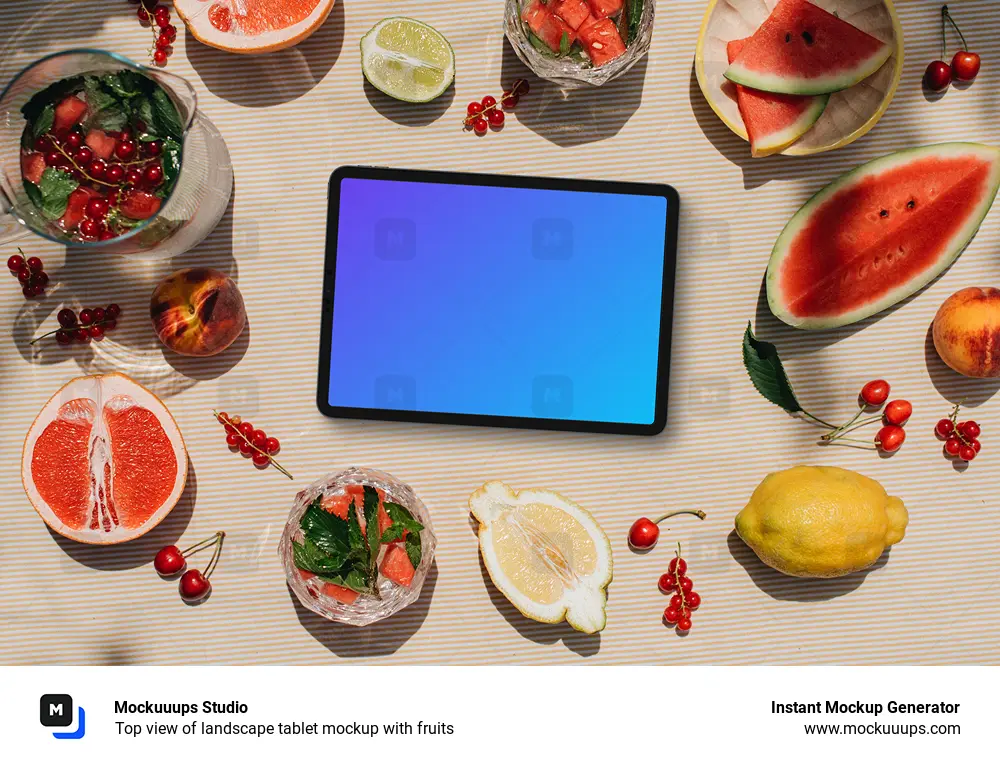 Top view of landscape tablet mockup with fruits