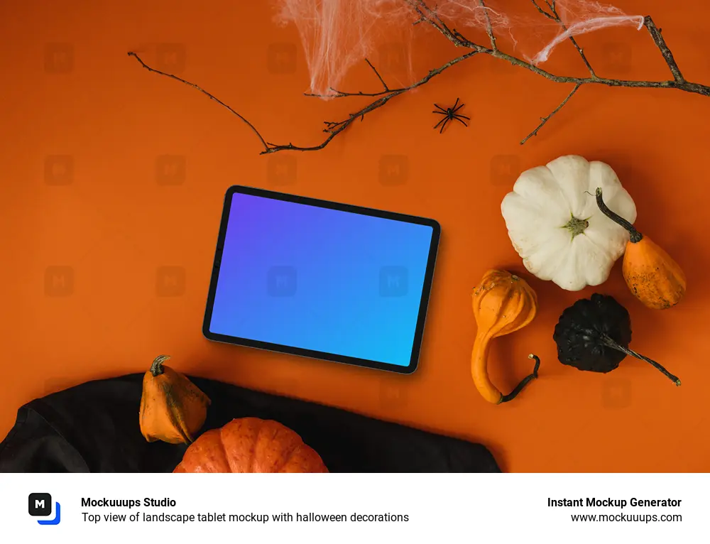 Top view of landscape tablet mockup with halloween decorations