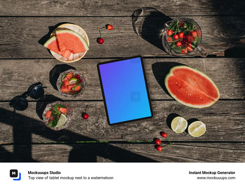 Top view of tablet mockup next to a watermeloon