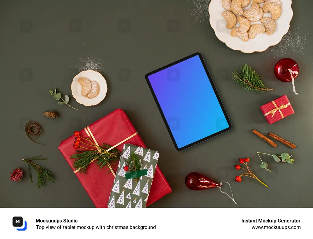 Top view of tablet mockup with christmas background