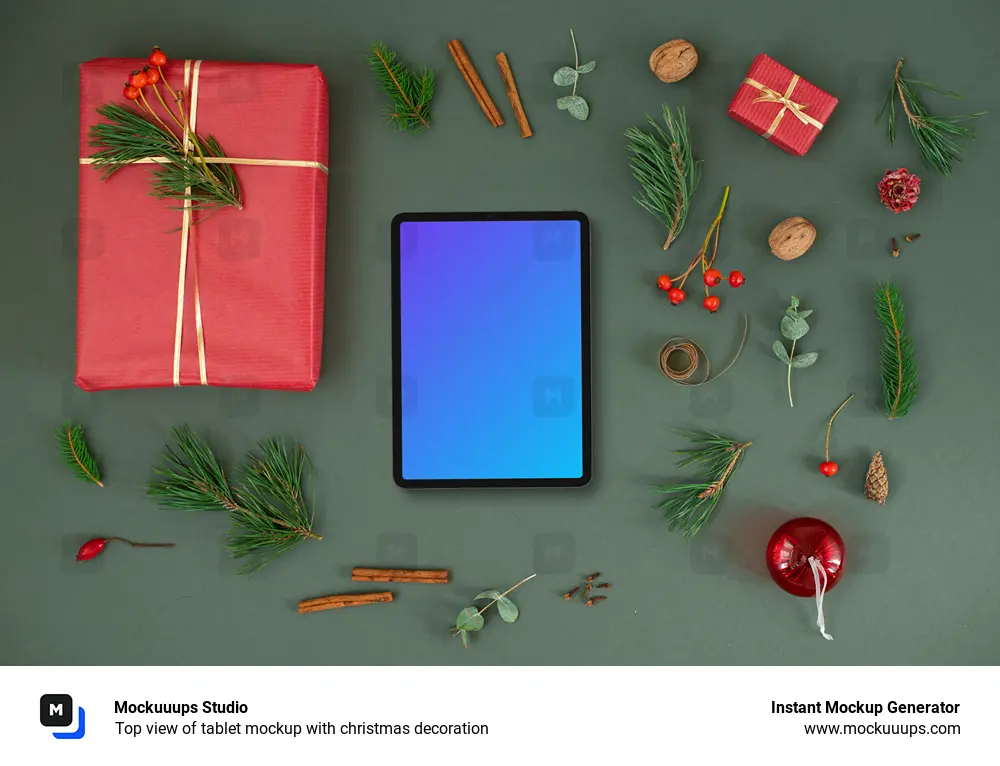 Top view of tablet mockup with christmas decoration