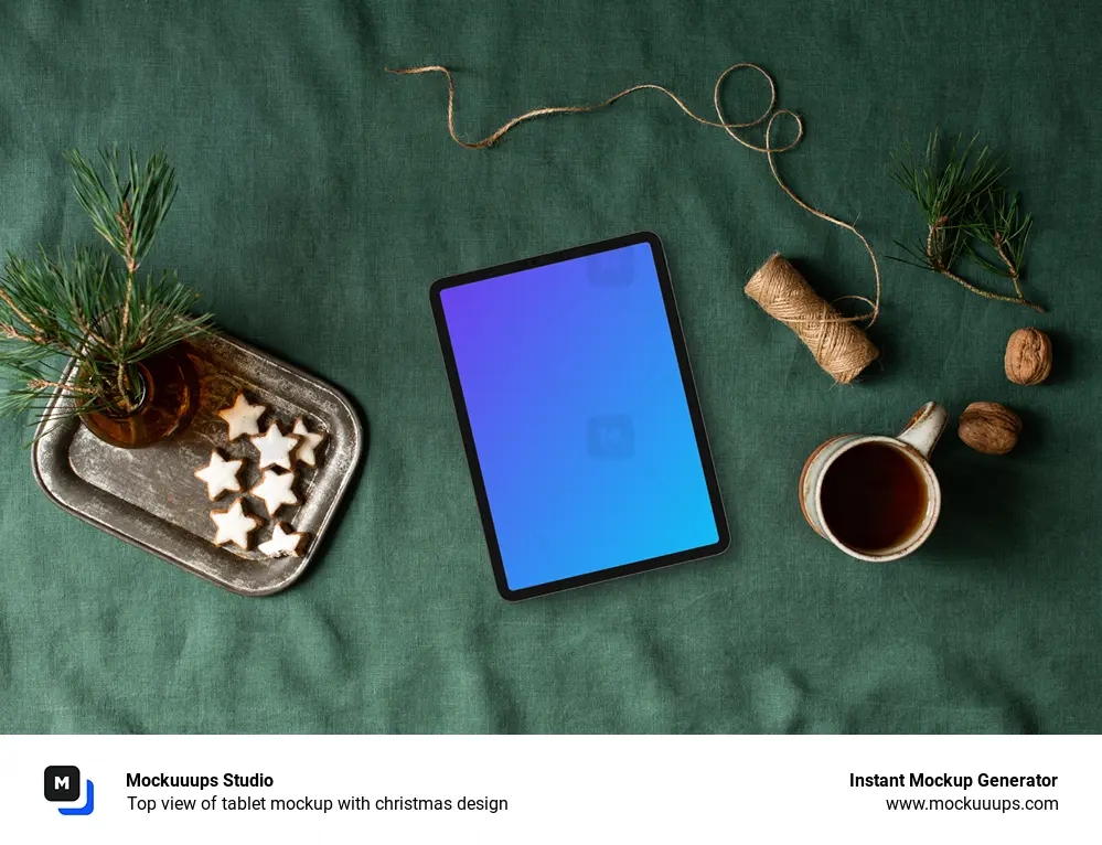 Top view of tablet mockup with christmas design