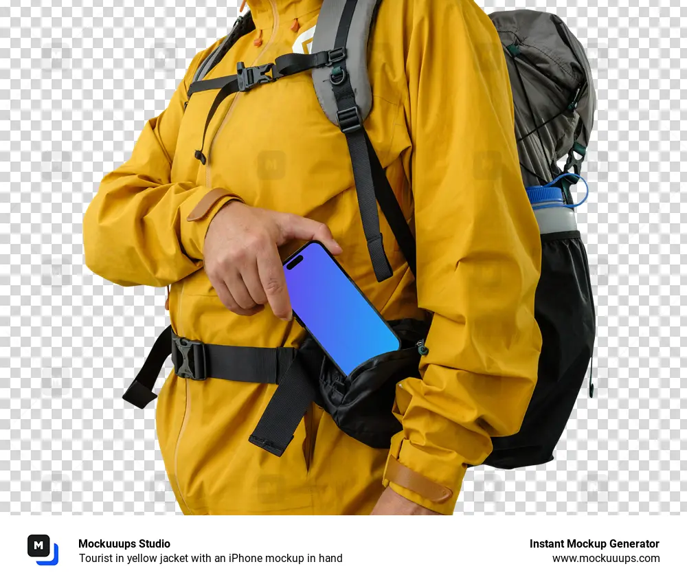 Tourist in yellow jacket with an iPhone mockup in hand