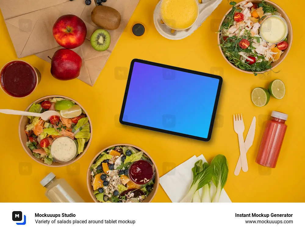 Variety of salads placed around tablet mockup