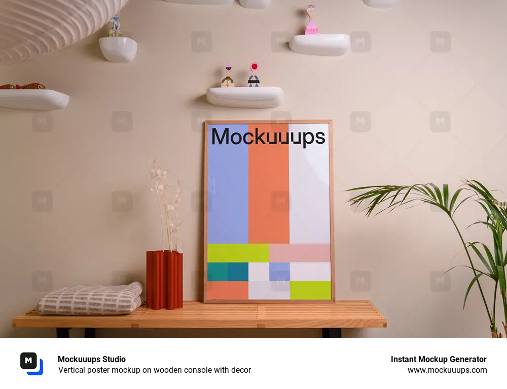 Vertical poster mockup on wooden console with decor